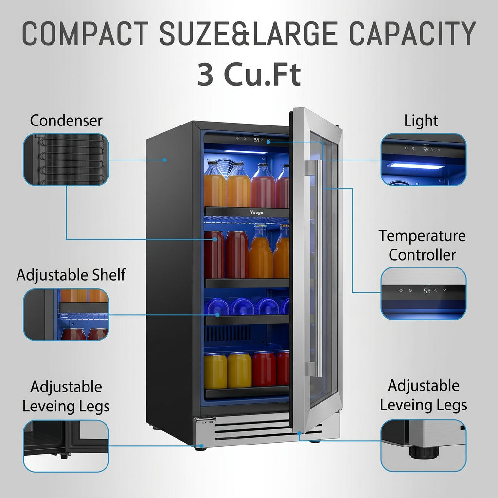 Wine And Beer Undercounter Fridge - Under Counter Beverage Cooler 85L Built-in